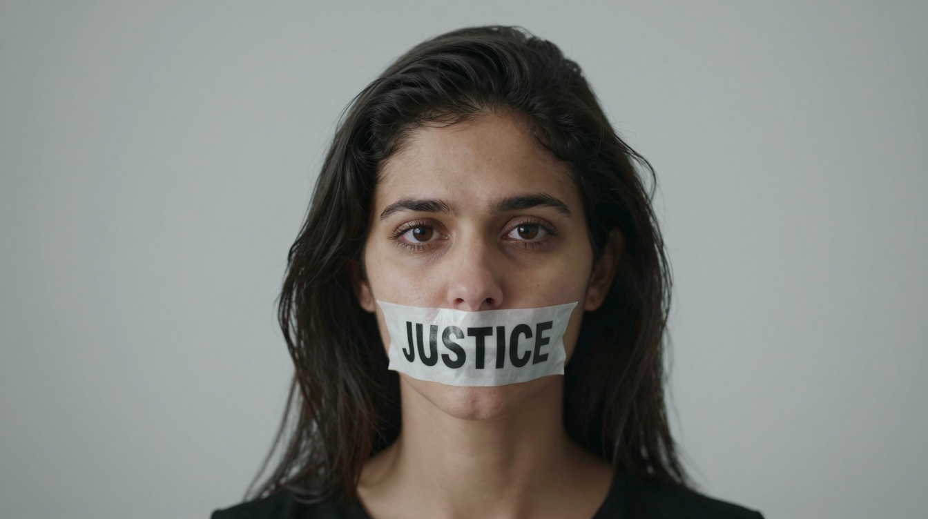 Woman with JUSTICE tape over her mouth